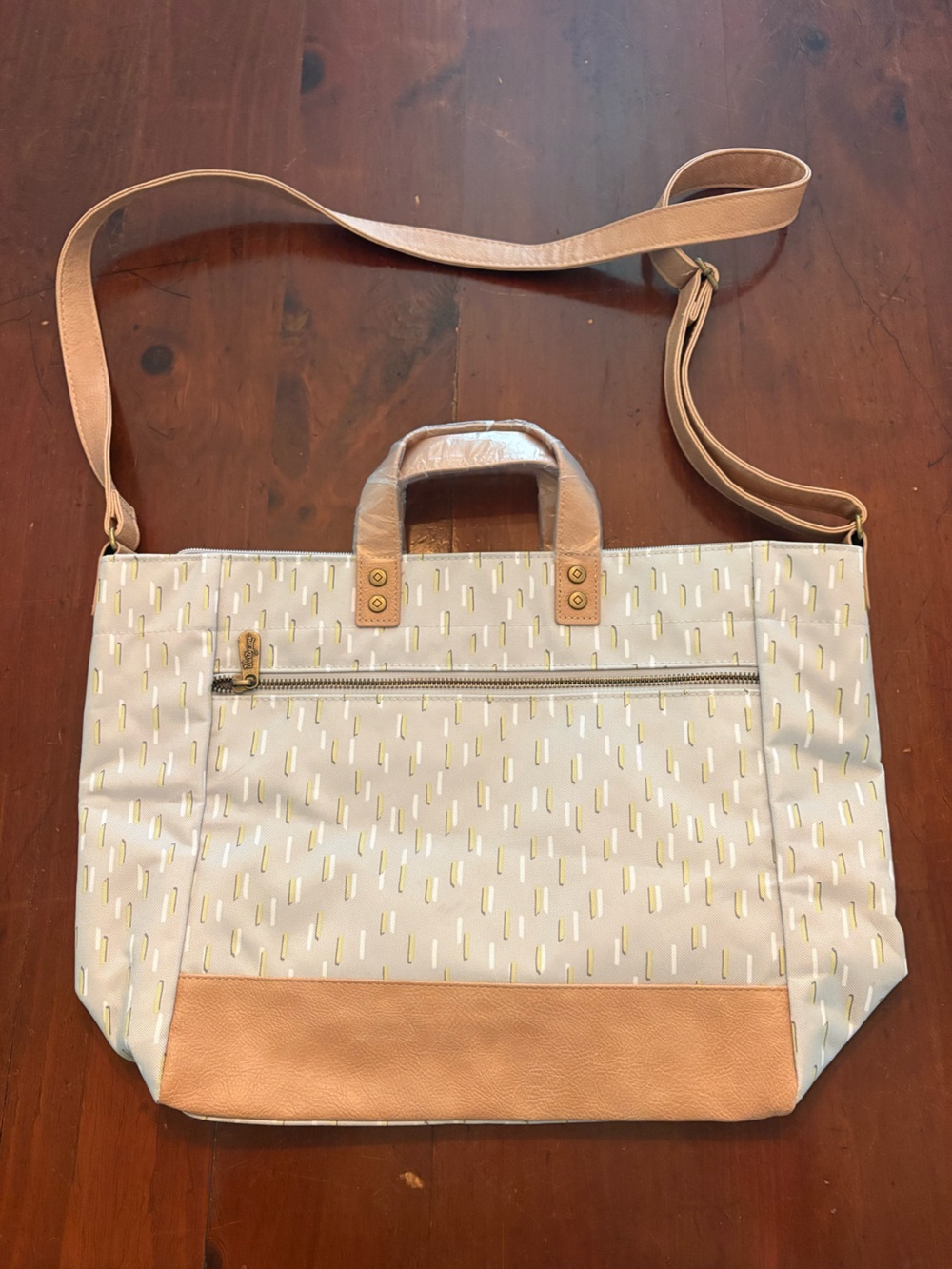Thirty One Beige and Tan Canvas Tote with Gold Accent Hardware